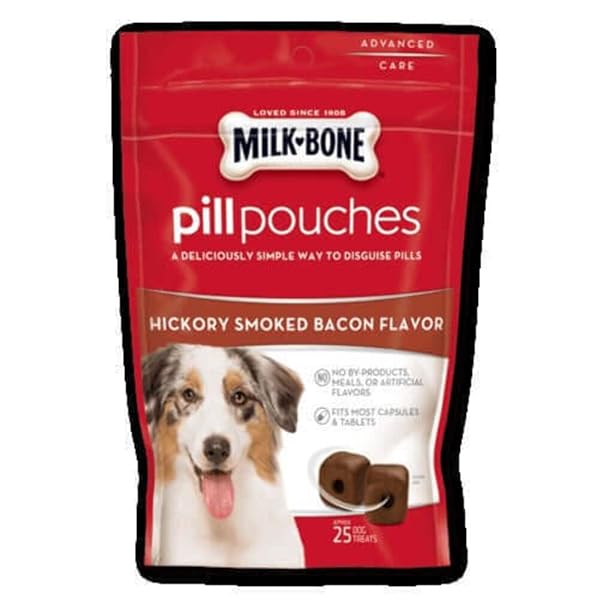 MILK-BONE PILL POUCHES HICKORY SMOKED BACON 25 DOG TREATS NET WT 6 OZ
