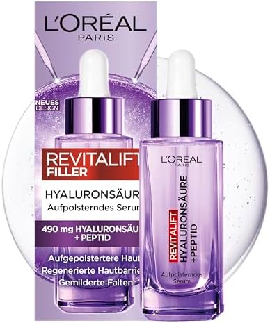 L'Oréal Paris Aufpolsterndes Serum, gegen Falten, für jugendlich und praller aussehende Haut [mit Hyaluronsäure und Peptid], Gesichtsserum, Revitalift Filler, 1 x 30ml