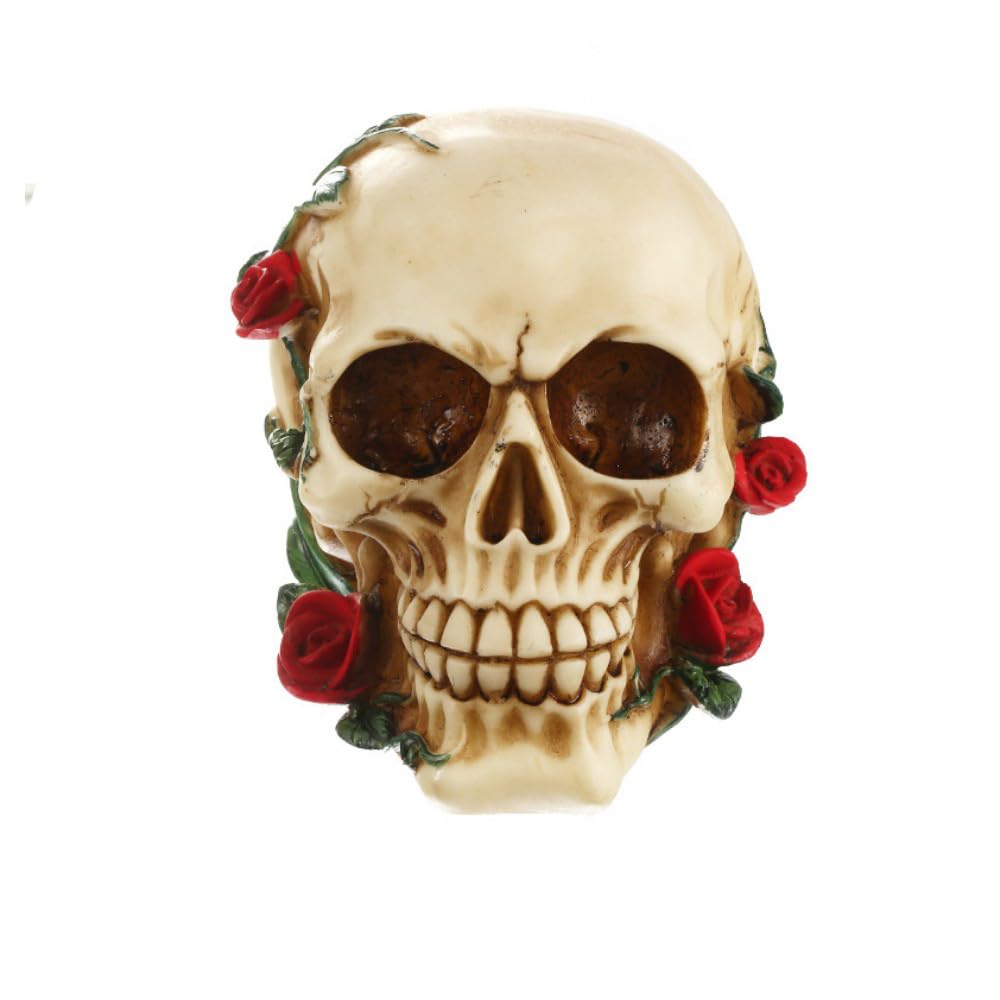 PEIQICHU Skull Bone Realistic Rose Flower Head Sculptures Aged Model for Gothic Halloween Party Decoration Mexican Day of the Dead Props Desk Ornament Resin Skeleton Décor Figurine