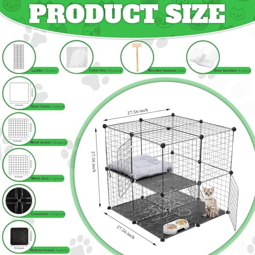 2 Tier Large Cat Cage Crate DIY Pet Playpen Detachable Dense Metal Wire Ferret Cage Indoor Cat Kennels for Kitten Puppy Bunny Exercise (Black, 27.56 x 27.56 x 27.56 Inches)