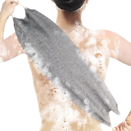Culture Gifts Extended Exfoliating Back Scrubber with Handles, Nylon Cleaning Exfoliator Washcloth for Body, Stretchable Pull Strap Soft Quick-Drying Rough Scrub Towel, Grey