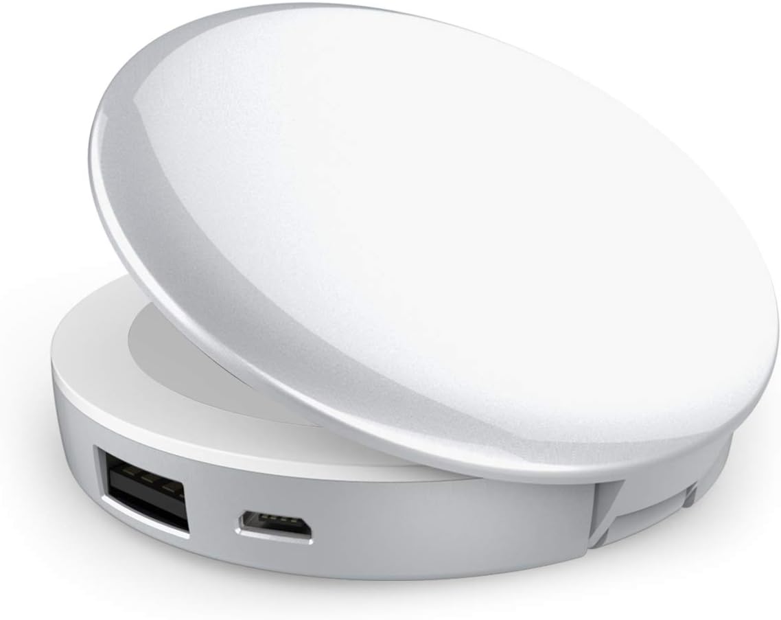 Pocket Power Bank Makeup Mirror - Portable Powerbank with 3000mAh for Smartphone - Gift for women - Gift for mum - Gift for Travel - Gift for friend - Gift for girls - Valentine's Day gift (Silver)