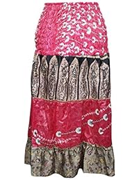 Women's Boho Skirt Pink Patchwork High Waist Silk Sari Hippie Chic S/M
