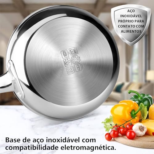 Frigideira Inox, Frigideira Aço Inox Professional Rasa com Fundo Triplo e Cabo, 21.6 cm 1,5 L, Sem Revestimento de Teflon, Compatível com Indução, Gás, Elétrico e Vitrocerâmico, Fácil Limpeza