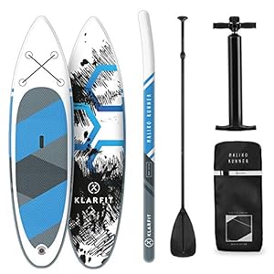 Klarfit Tabla Paddle Surf Hinchable – MALIKO 305x10x77cm Sup Surf, Paddleboard, Bomba de Aire, Pala, Correa de Seguridad, Mochila de Transporte, Kit reparación, Blanco/Azul/Gris, DropStitch