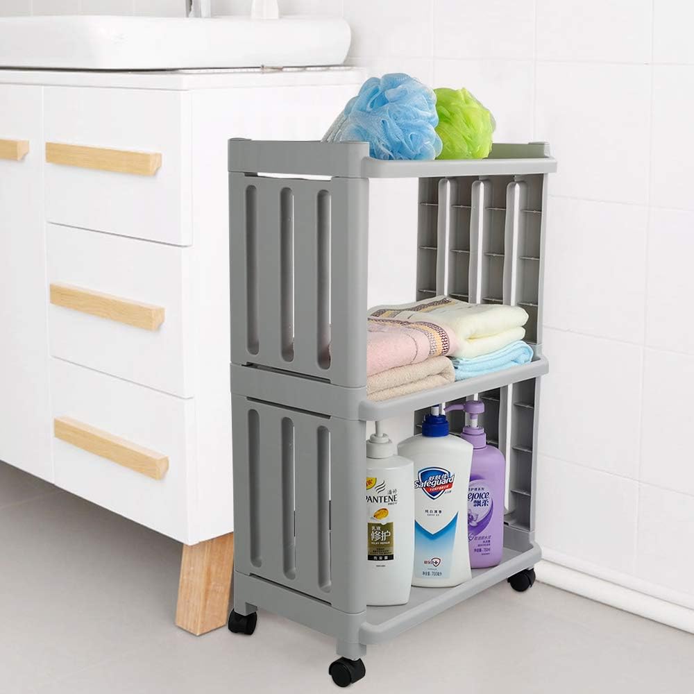 Neadas Plastic 3 Tier Rolling Trolley Cart with Wheels, Grey, 1 Pack: Kitchen & Dining