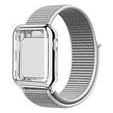QIENGO Compatible with Apple Watch Band with Case 38MM, Soft Nylon Strap with Silicone Protective Case, Replacement for iWatch Sport Series 3/2 / 1 (Seashell, 38mm)