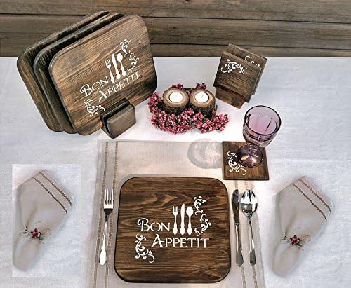 (Turkish Pine) Exclusive Dining Table Plate (Dish) Mats Set of 4 place mats and 4 glass mats (solid wood) with wood candlesticks as a gift.