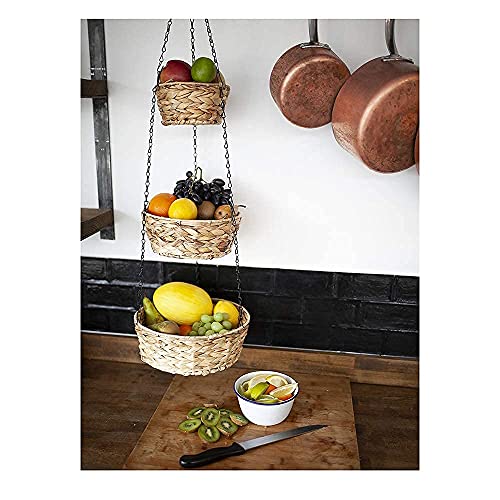3 Tier Hanging Fruit Basket, Banana Hanger and Liners. Natural Woven