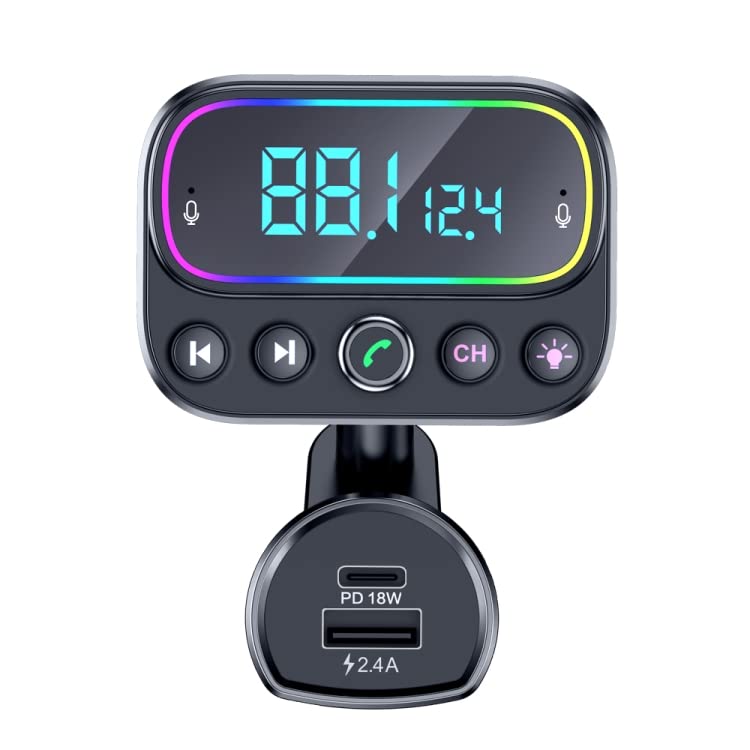 TTAKTEK Bluetooth 5.0 FM Transmitter for Car, 18W USB C Fast Car Charger, Bluetooth Car Adapter Radio Receiver with Dual Mic/2.0" Screen/3 USB Ports/9 Colour LEDs, Support U Disk/AUX Output