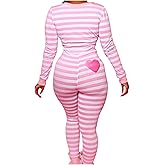WNGECAT Women Christmas Long Sleeve Stripe Heart One Piece Pajamas Bodycon Jumpsuit Button Neck Sleepwear