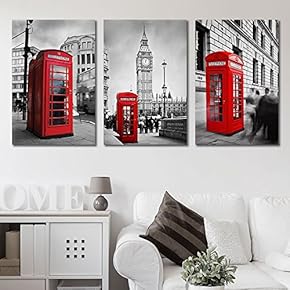 3 Panel Canvas Wall Art - Red Color Splash Phone Booth with Black and White Cityscape Background - Giclee Print Gallery Wrap Modern Home Art Ready to Hang - 16"x24" x 3 Panels