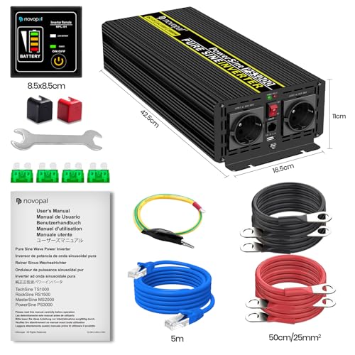 NOVOPAL 3000W Pure Sine Converter 12V 220V 230V Inverter Transformer, 2 EU AC Sockets, 1USB, 5M Remote Control, Suitable for Trucks, Camping, Travel, Cars, Peak Power 6000W