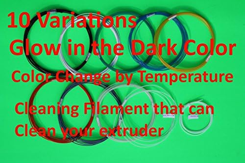 10-color 3d Pen/Printer PLA 1.75mm Filament Super Fun Pack. Black,blue,brown,magenta,grey,orange,purple,red,gold,luminous Green-glow in the dark Filaments. 164 feet in total