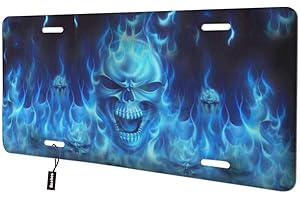 Beabes Blue Fire Skull Front License Plate,Angry Skeleton in The Burning Fire Decorative License Plates for Car,Aluminum Novelty Auto Car Tag Vanity Plates Gift for Men Women 6x12 Inch