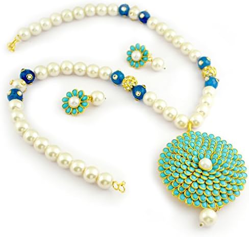 Bollywood Designer Ethinic Indian Handcrafted Rajasthani Floral Pearl Necklace- Aqua