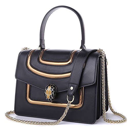 MIMI KING Shoulder Messenger Bags Handbag Genuine Leather Fashion For Women Individuality Lock Chain Strap,Black