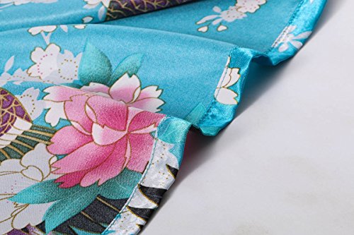 Yukata Women's Short Kimono Robe, Peacock&Blossom Design, Blue XL