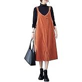 chouyatou Women's Loose Corduroy Spaghetti Strap Overall Dress A Line Flare Pinafore Midi Jumper Dress