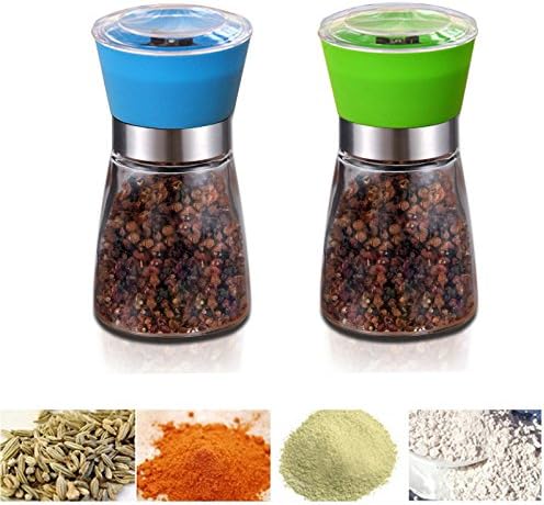 Salt and Pepper Grinder Set,KPACO Premium Slim Pepper Mill and Salt Mill,Salt and Pepper Shakers,Easy to Fill Salt and Pepper Mill Set With Brush - Blue and Green
