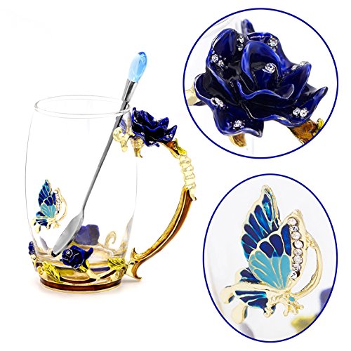 Daycindy Handmade Glass Coffee Mugs Blue Rose Tea Cup Spoon Set (13oz, Rose Blue)