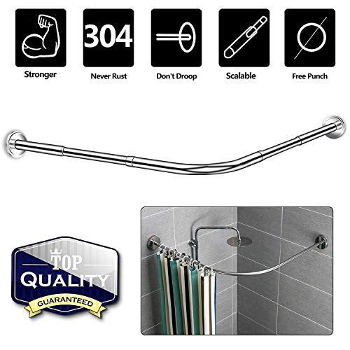 SIKAIQI Curved Curtain Rod,L Shaped - Adjustable 27.55"-39.37"x27.55"-39.37",Never Rust Stainless Steel Corner Shower Curtain Rod