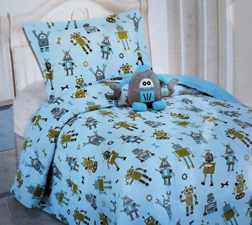 Robot Design TWIN Comforter Set with Sham and Robot Decorative Plush Pillow