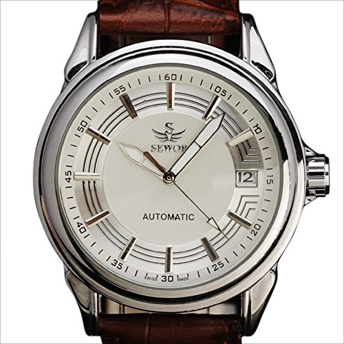 Sewor da uomo auto meccanico calendario giornaliero impermeabile orologio da polso fascia in pelle marrone
