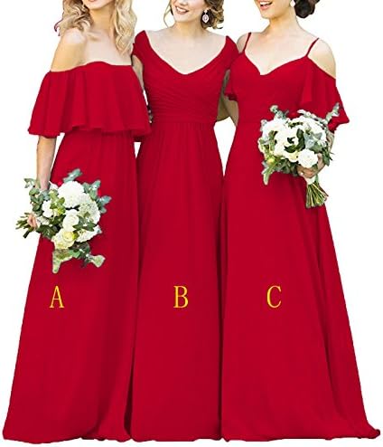 Women's Ruffles Chiffon Floor Length Bridesmaid Dresses Elegant Off the Shoulder Wedding Evening Gowns Red-c US22