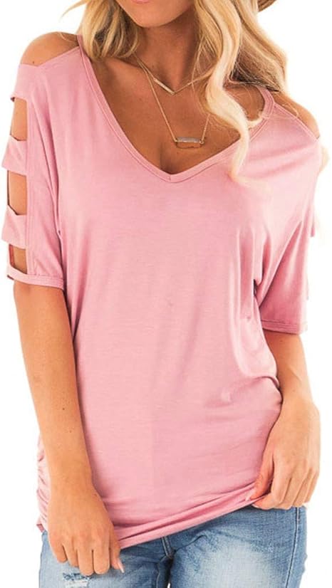 Amazon Com Women S Short Sleeve Cut Out Cold Shoulder Tops Deep V