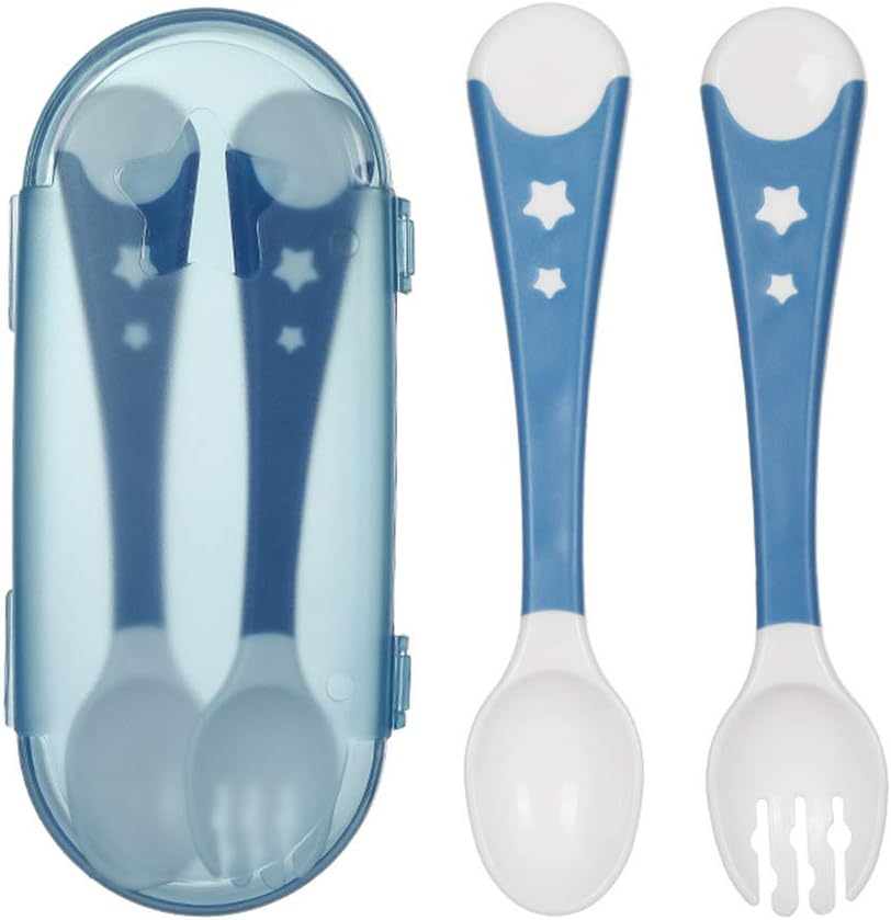 shlutesoy 2Pcs Baby Toddler Soft Bendable Spoon Fork Set Self-Feeding Learning Tableware Blue
