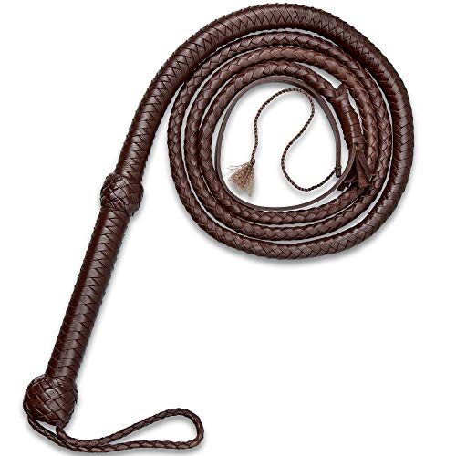 K EXCLUSIVE 8' Handcrafted Dark Brown Leather Bull Whip - Woven Premium Leather Construction, Wrist Strap, Age-Old Leather Crafting Method