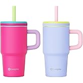 Luxgola Kids 20 oz Tumbler with Handle, Leak-Proof Screw-On Lid with Removable Silicone Straw, Spill Proof, Stainless Steel Insulated Water Bottle, Gift for Boys and Girls, Rose Red&Ice Blue Mix, 2Pcs