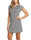 Meaneor Women's V Neck Stripped Lace Up Short Sleeve A-Line Swing Mini Dress Top