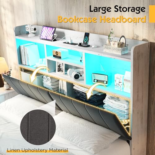 Jocisland Queen Farmhouse Bed Frame with Bookcase Headboard and 4 Drawers, LED Storage Bed with Charging Station & Linen Upholstered, No Box Spring Needed, Distressed White