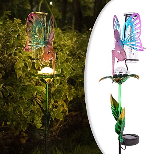LeiDrail Rain Gauge Outdoor Solar Powered Garden LED Lights 5 Inch Capacity Fairy Decorative Metal Stake Waterproof Large Glass Large Tube for Yard Lawn Pathway