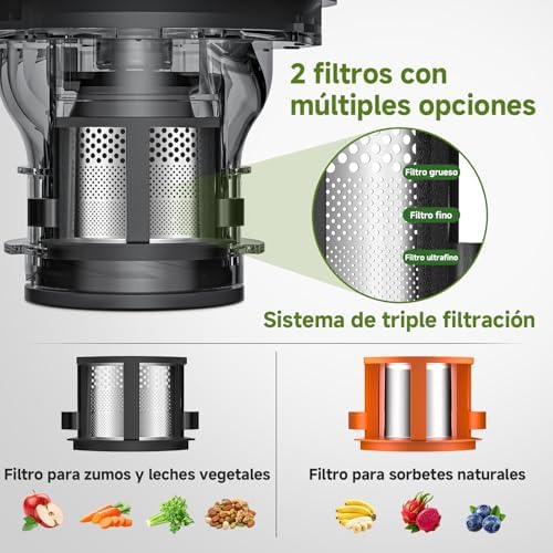 Extrator de sumo prensado a frio 600W, espremedor com boca XL 160 mm, espremedor lento de 2,5 L para frutas e legumes integrais, 2 filtros (sumo, leite vegetal, sorvete), fácil de limpar, preto mate