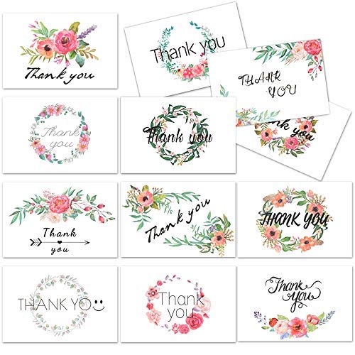 D-FantiX 4x6 Floral Thank You Cards, 12 Design Thank You Notes Bulk Blank Inside for Baby Bridal Shower Wedding Birthday Business Thank You Card with Envelope and Stickers 48Pcs Assorted Pack