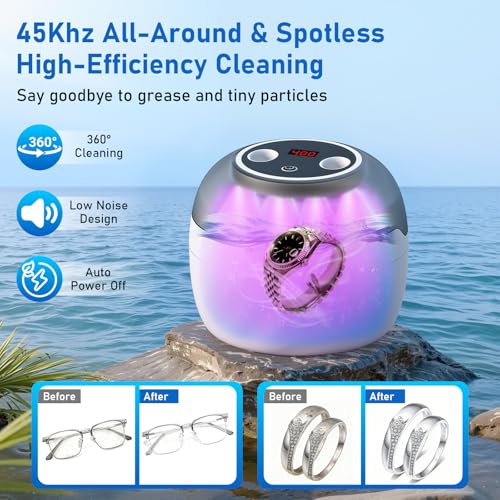 Ultrasonic Dental Cleaner | 45 kHz with 4 Programs and Digital Timer Display | 360° Silent Cleaning for Makeup Brushes, Glasses, Watches and Dentures