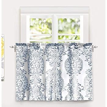 DriftAway Samantha Floral Damask Medallion Pattern Kitchen Tier Window Treatment 2 Panels Each 30 Inch by 36 Inch Plus 1 Inch Header Blue
