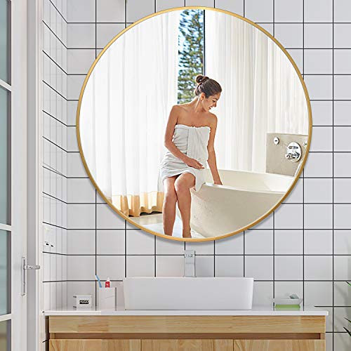 PexFix Round Wall Mirror, 36-Inch Modern Aluminum Alloy Frame Beveled Accent Wall-Mounted Decorative Mirror for Bedroom, Vanity Washrooms, Living Room & Entryway (Titanium Gold)