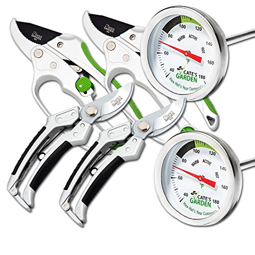 Cate's Garden 6-Piece Garden Tool Set- 2 Compost Thermometer Premium Stainless Steel, 2 Bypass & 2 Ratchet Pruning Shears 8" Easy Action Anvil-type Hand Pruner - Heavy Duty SK5 High Carbon Blades