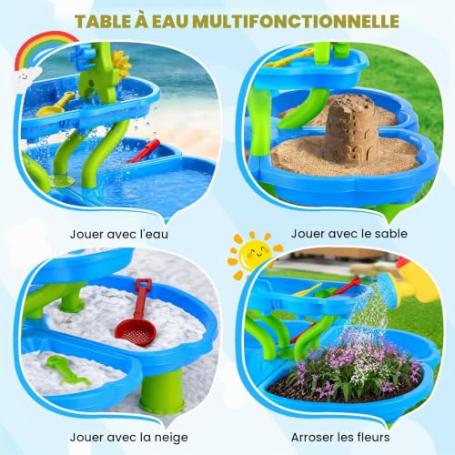 4 Tier Water Table for Children, 4 in 1 Water Games and Outdoor Sand with Accessories (Incl. Sand Mould, Shovel, Watering Can, Activity), Educational Activity Table for Boys and Girls Aged 3+