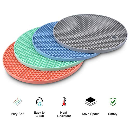 Silicone Trivets Pot Mat Round,Pan Pot Holders Set Heat Resistant Non Slip Silicon Hot Dish Trivet for Kitchen Dining Table BPA Free Honeycomb Thick Heavy Duty 7 inch 4 Pack (Grey,Blue,Green,Pink)