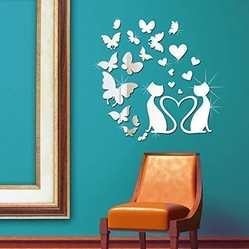 Removable Self-Adhesive Wall Stickers Cat Mirror Art Plus Butterflies Mirror Wall Art Decals Vinyl Home Decoration DIY Living Bedroom Décor Wallpaper Kids Room Gift 80x80 cm, Silver