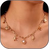 Gold Sea Shell Necklace for Women Pearl Choker Necklace Dainty Star Flower Shell Boho Summer Seashell Beach Starfish Necklaces Beach Vacation Essentials