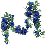 PARTY JOY 6.5Ft Artificial Rose Vine Silk Flower Garland Hanging Baskets Plants Home Outdoor Wedding Arch Garden Wall Decor,2PCS (Royal Blue)