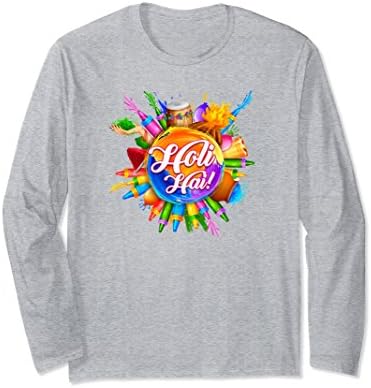 Unisex Traditional Holi Elements HOLI HAI Tshirt, Long Sleeves Large Heather Grey