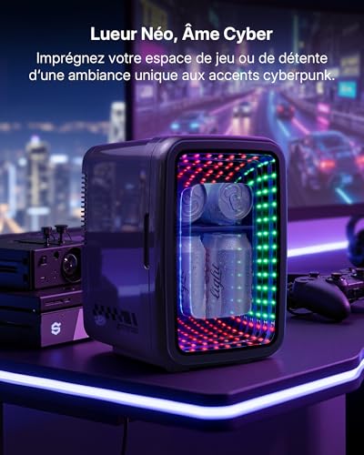 Upstreman Mini Fridge for Bedroom, 4 Liter/6 Cans, Mini Fridge with Infinite Lights, Cooling, 12V/220V, Mini Gaming Fridge for Game Room, Dorm, Car, Black, TR4-S