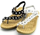 Women's New Gladiator Rhinestone Flower T-Strap Flat Sandal Thong Shoes